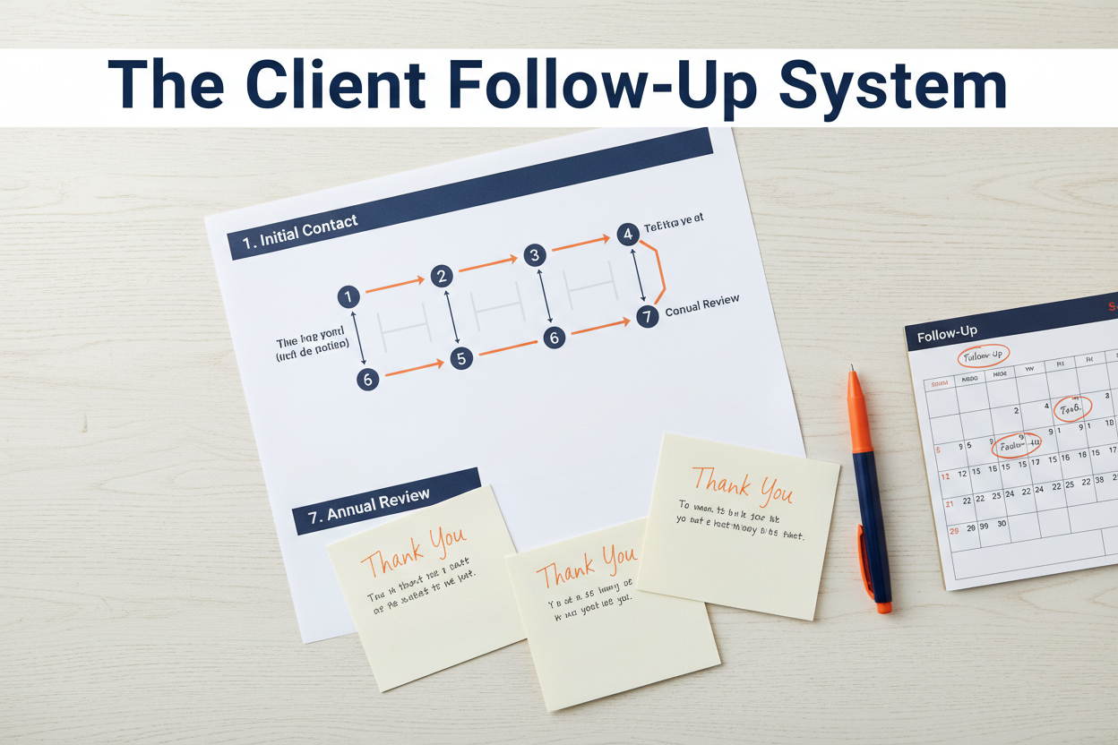 The Client Follow-Up System - follow-up sequence timeline, thank-you cards and calendar