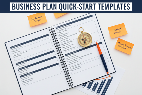 Business Plan Quick-Start Templates - printed business plan, compass, goal sticky notes and bar chart