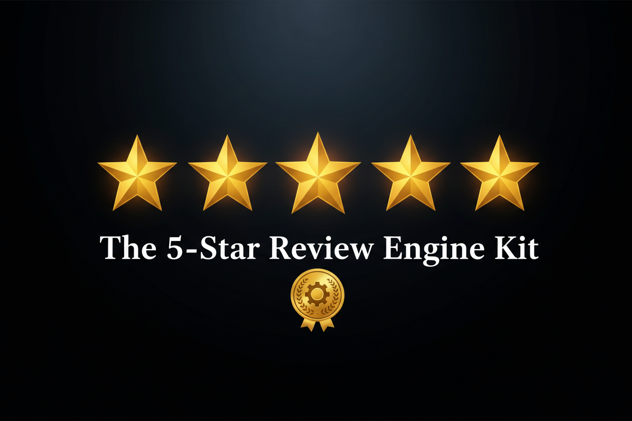 The 5-Star Review Engine Kit - five glowing gold stars and trophy badge on dramatic dark background