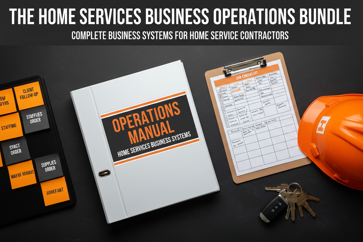The Home Services Business Operations Bundle - operations binder, clipboard with checklist, hard hat and keys